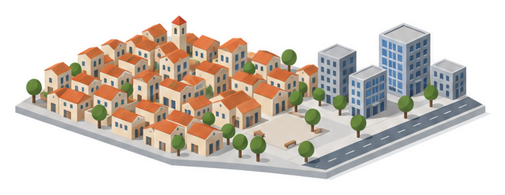 密集した低層の住宅地と中層の耐火建築物が並ぶ街区のイラスト