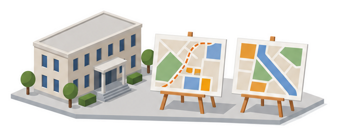 二枚の計画図の板と中層の建物のイラスト