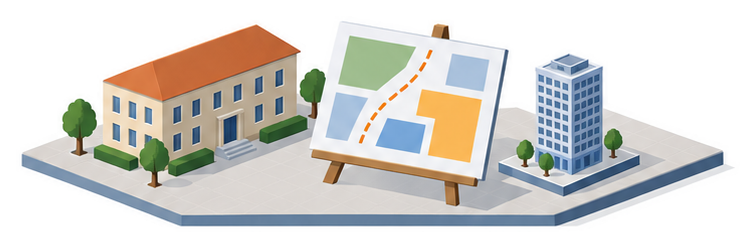 計画図の板と模型の建物のイラスト