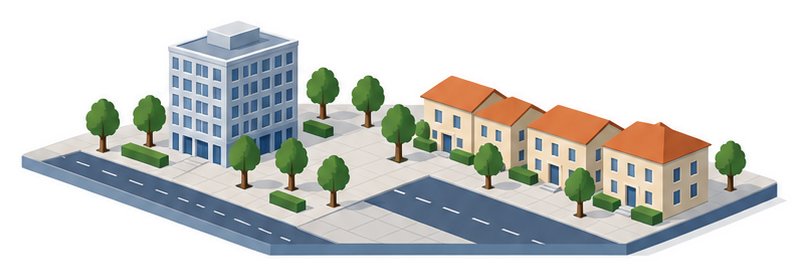 道路から後退した中層の建物と広い空地のイラスト