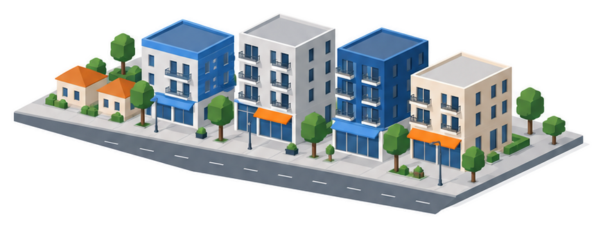 住宅と店舗が入る中層の建物が並ぶ街区のイラスト