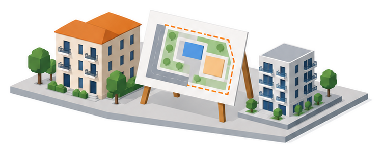 計画図の板と模型の建物のイラスト