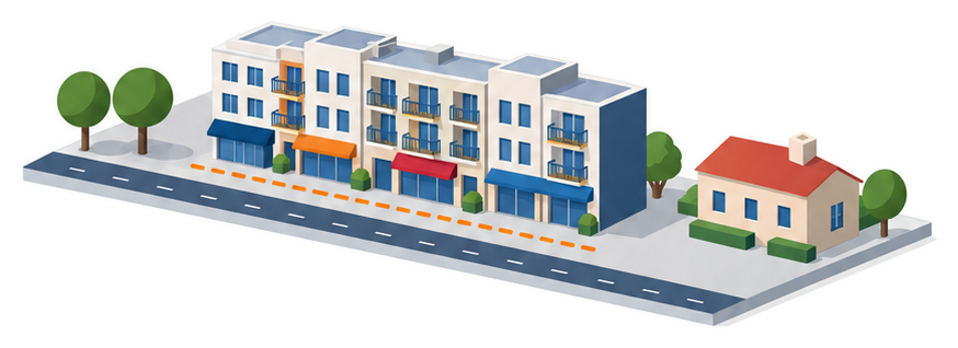 幅の狭い道路に面して中層の建物が建つ街角のイラスト