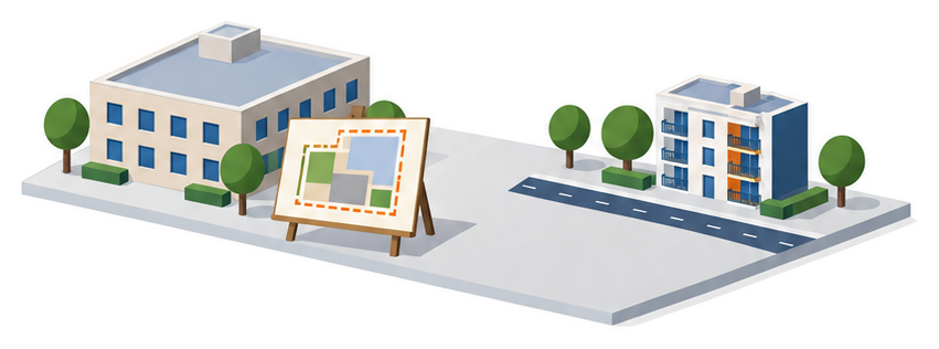 計画図の板と後退した建物の模型のイラスト