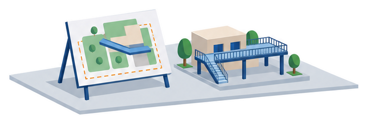 計画図の板と高架通路の模型のイラスト