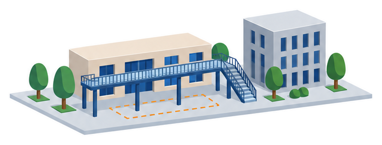 高架通路の下に低層の建物が入り込む街角のイラスト