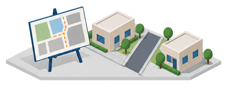 計画図の板と新しい細い私道が低層の建物の間を通る街角のイラスト