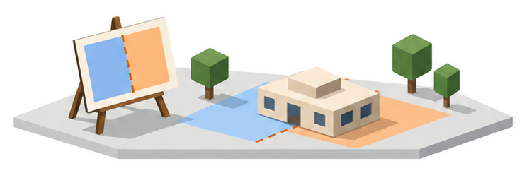 計画図の板と区域の境目にまたがる低層の建物の模型のイラスト
