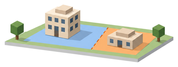 大きさの違う二つの土地と高さの違う建物の模型のイラスト