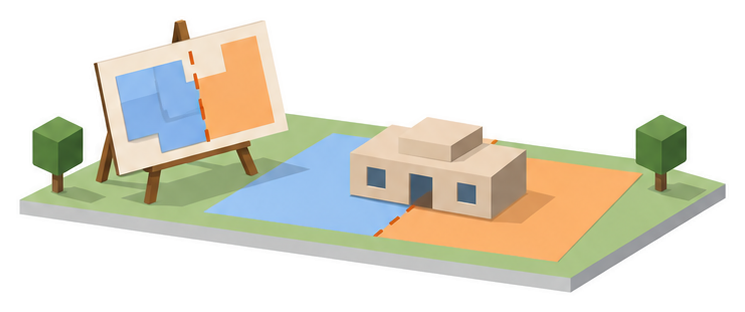 計画図の板と境界にまたがる建物の模型のイラスト
