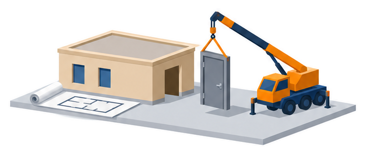 建物の開口部にクレーンで鉄製の扉を取り付ける模型のイラスト