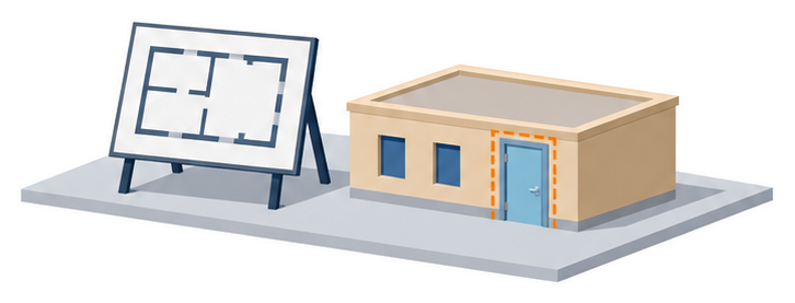 図面の板と一部の扉だけ色が違う建物の模型のイラスト