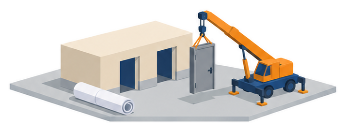 扉を建物の開口部にクレーンで取り付ける模型のイラスト