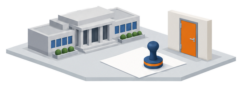 省庁の建物と証書と防火扉の模型のイラスト