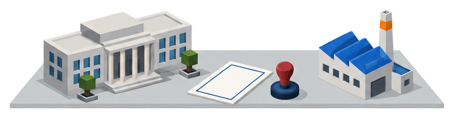 省庁の建物と証書と工場の模型のイラスト