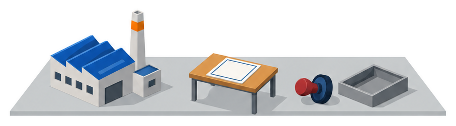証書を取り上げる手と工場の模型のイラスト