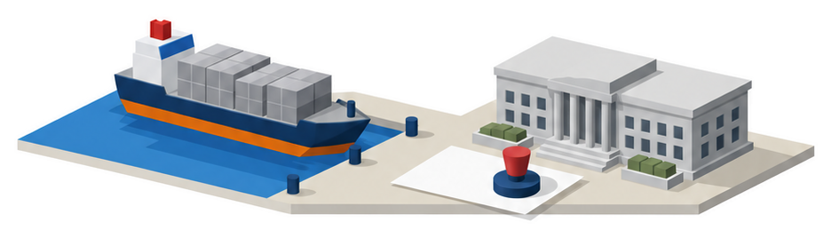 貨物船とコンテナと省庁の建物のイラスト