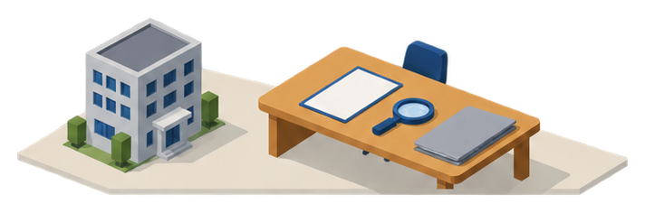 認定書類と虫眼鏡を置いた机と小さな事務所の建物のイラスト
