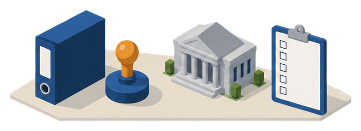 規程の綴りと官庁の建物とチェックリストのイラスト