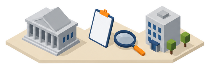 虫眼鏡と書類挟みと事務所の建物のイラスト