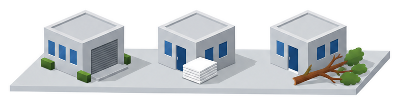 三つの建物模型と書類のイラスト