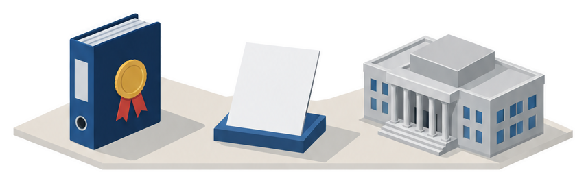 規程の綴りと封印と官庁の建物のイラスト