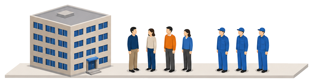 建物の横に私服の来訪者の一団と制服の従業員の一団を並べたイラスト