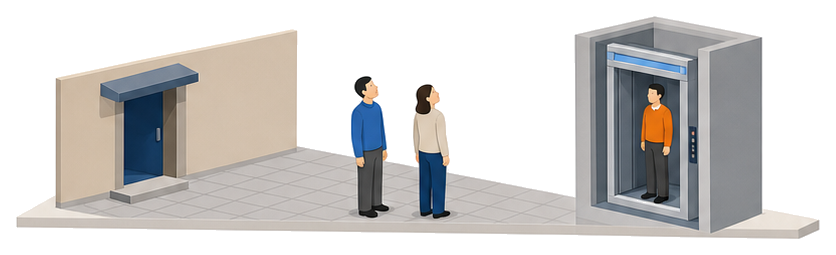 建物の出入口の外に立つ人と止まった昇降機の中に立つ人を並べたイラスト