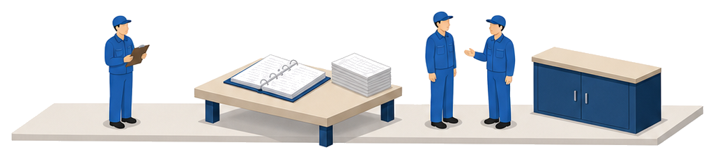 担当者が消防計画のとじ込みと書類を机に広げて相談しているイラスト