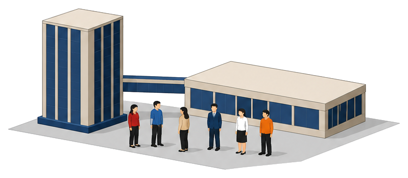 高いタワーと低い建物を短い渡り廊下でつなぎ前の広場に六人が立っているイラスト