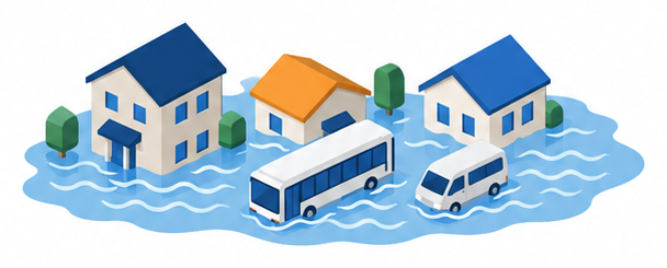 浸水想定区域に取り残された住宅と動けないバスのイラスト