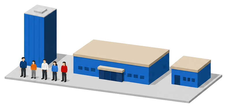 高い塔と低い建物と小さな建物が並び手前の広場に五人が立つイラスト