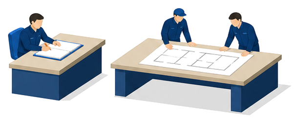 机で記録を書く職員と平面図を囲む二人の職員を並べたイラスト