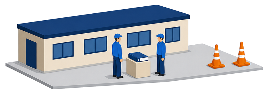 建物の前で作業服の職員が二人向き合い間の台に分厚いとじ込みを置いているイラスト