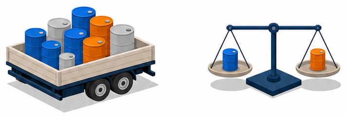 トラックの荷台に積まれた複数の異なるラベルの缶と計算式が浮かんでいる