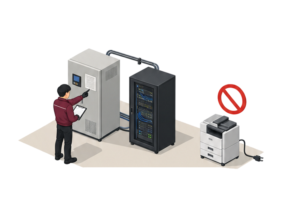 UPSとサーバーラックと追加接続しない複合機を確認する担当者のアイソメ図