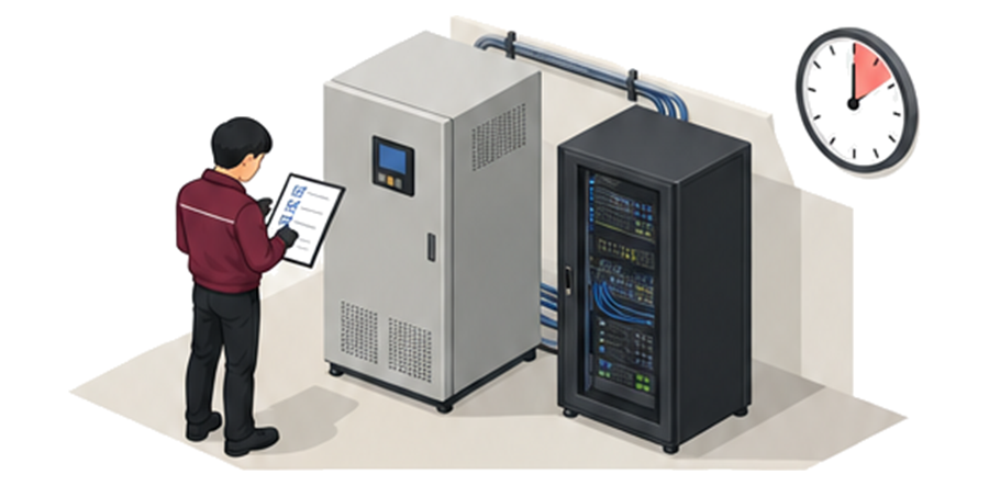 UPSとサーバーラックの横で残り時間と停止手順を確認する担当者のアイソメ図