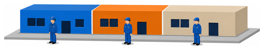 三つの色に塗り分けられた横長の建物の前に作業服の人が一人ずつ立っているイラスト
