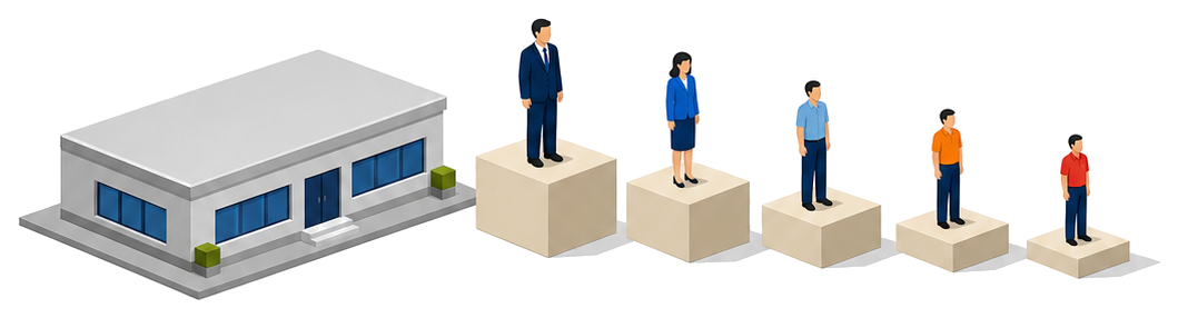 低いビルの右に高さの違う五つの台が並びそれぞれの上に人が一人ずつ立っているイラスト