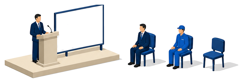 演台に立つスーツの人と白い掲示板があり右の椅子にスーツと作業服の人が座っているイラスト
