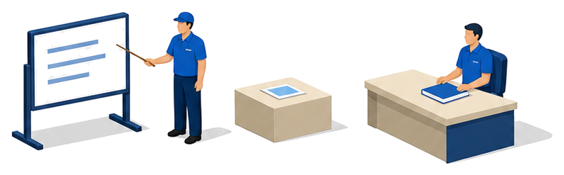 ホワイトボードの横で作業服の人が指し棒を持ち中央の台に一枚のカードが置かれ右の机で人が冊子を前に座っているイラスト