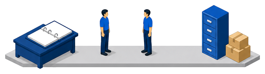 左の机に開いたバインダーがあり中央で作業服の二人が向かい合い右に書類棚と段ボール箱が置かれているイラスト