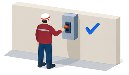 切替装置を手動に切り替える作業着姿の点検員と青いチェックマークのイラスト