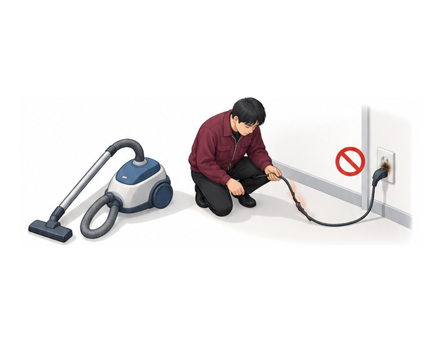 担当者がコード式掃除機のねじれた電源コードと焦げたプラグを確認するアイソメ図