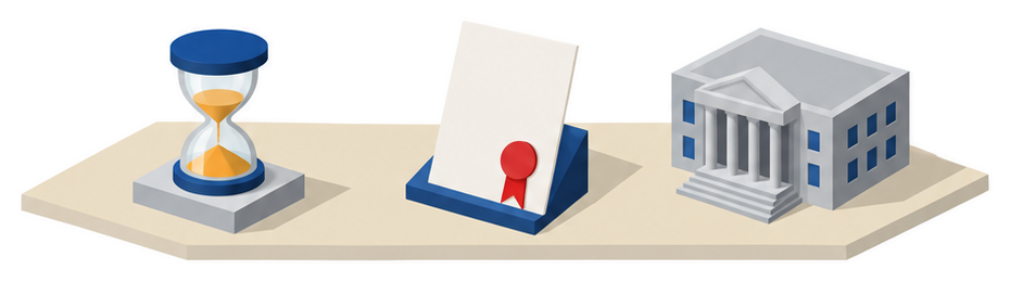 砂時計と認可書類と官庁の建物のイラスト