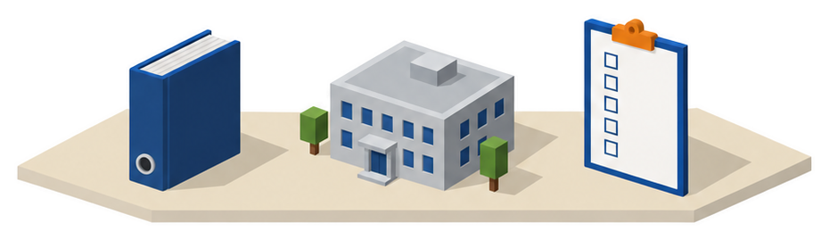 規程の綴りと官庁の建物とチェックリストのイラスト