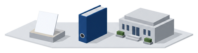 書類と規程の綴りと官庁の建物のイラスト