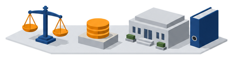 天秤とコイン状の円盤と官庁の建物のイラスト