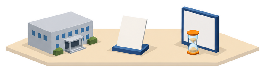 書類と砂時計と官庁の建物のイラスト