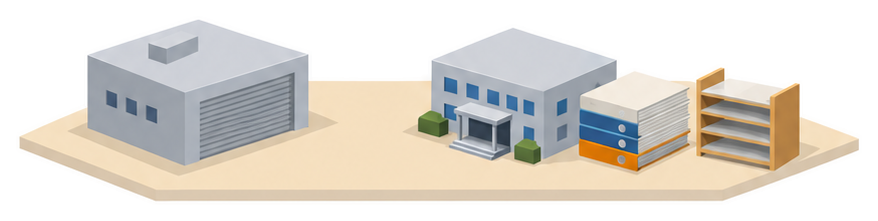 閉じたシャッターの建物と書類の束のイラスト